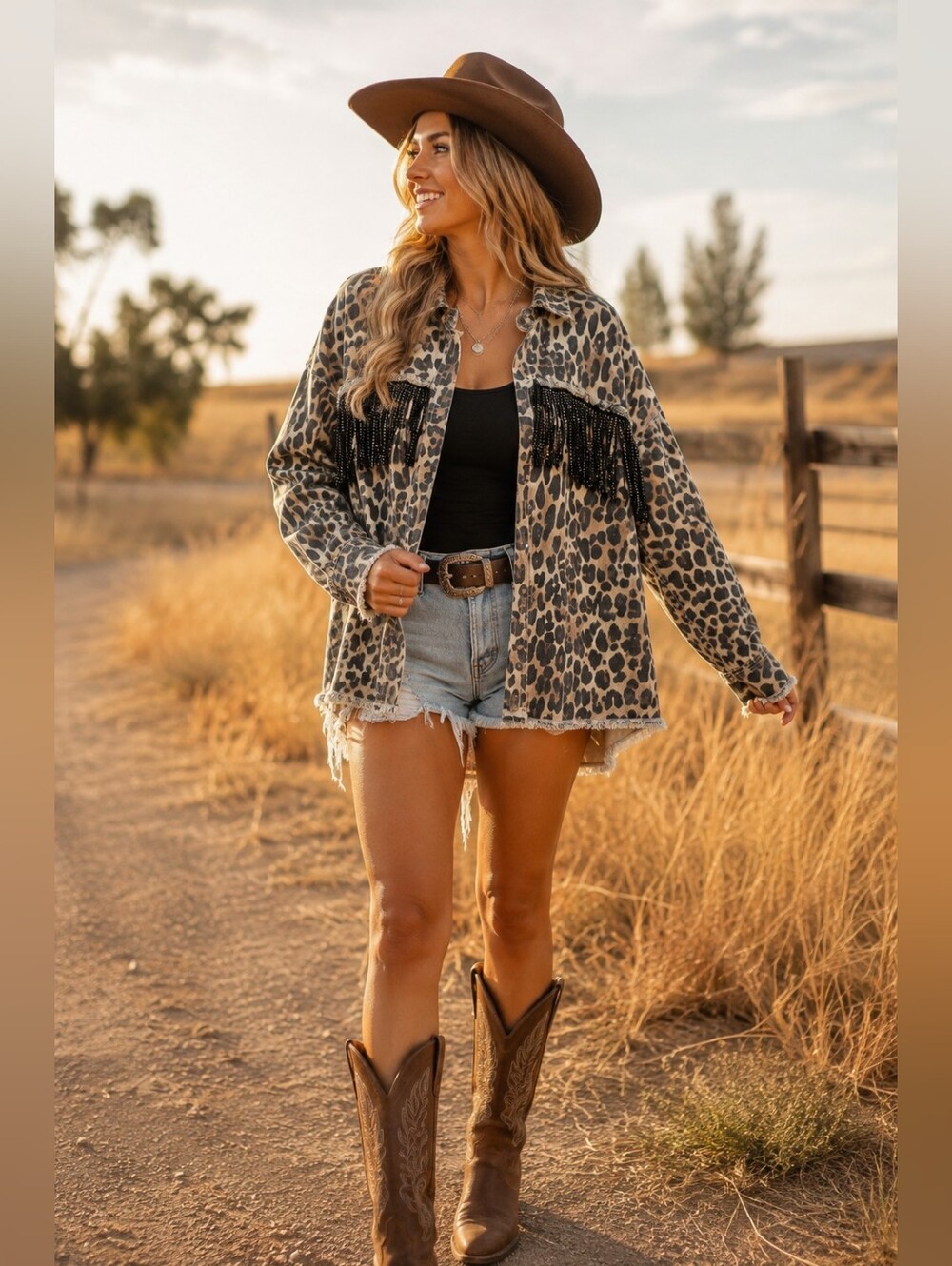 BiBi Leopard Print Rhinestone Fringe Denim Shacket Jacket Small New